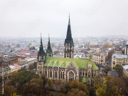 Aerial view of the Olha and Elizabeth Church in Lviv, Ukraine