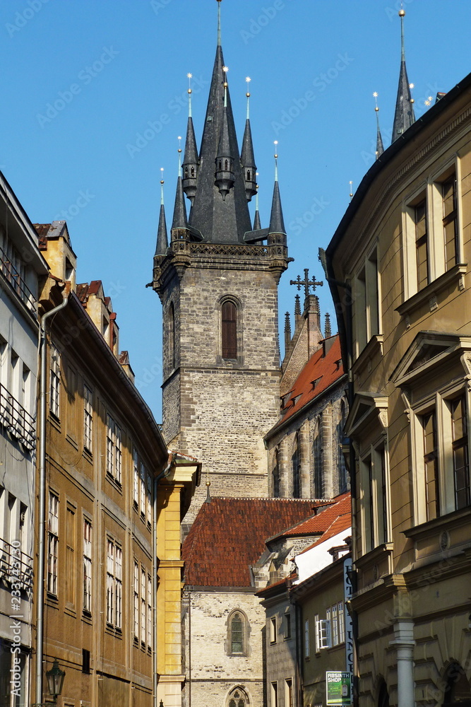 Bell tower of the church of our lady before Tyn, Prague, Czech Republic