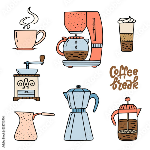 Coffee maker, the American press, coffee machine, cup of espresso, latte, and grinder
