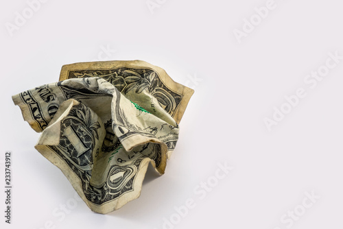Crumpled One Doller bill isolated on a white background