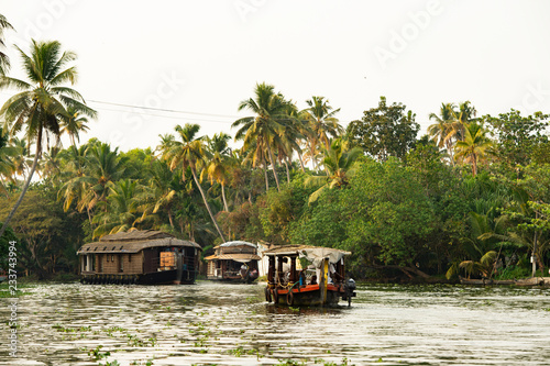 A beautiful houseboat is sailing among Alleppey's backwaters, Kerala, India.