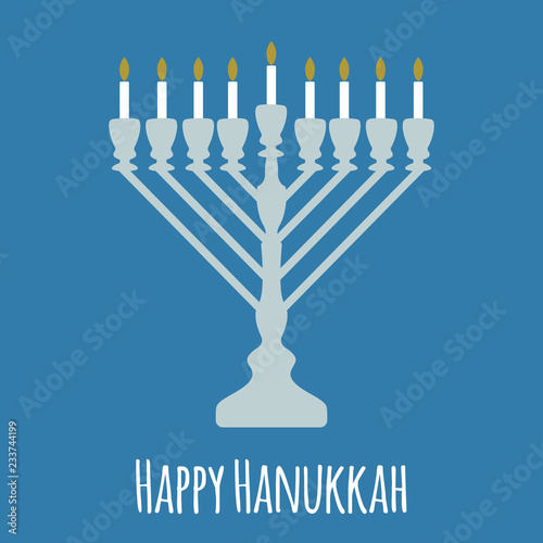 Happy Hanukkah with silver menorah and white candles on light blue background
