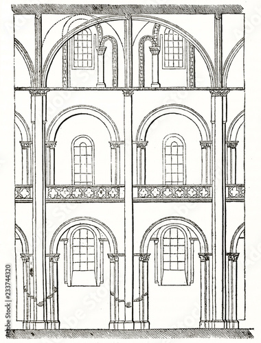 arches and windows in the interior of the nave in the Abbey-aux-Hommes Caen France. Front architecture by unidentified author published on Magasin Pittoresque Paris 1839