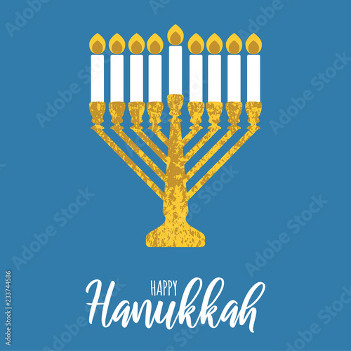 Happy Hanukkah in a square on blue background. traditional Menorah for Hebrew festival of lights 
