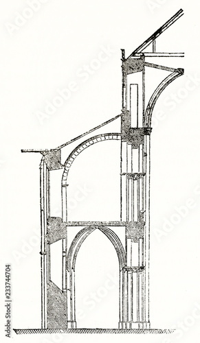 old illustration of an architectonic detail of flying buttress of Abbaye aux Hommes (Men's Abbey) in Caen France. By unidentified author published on Magasin Pittoresque Paris 1839