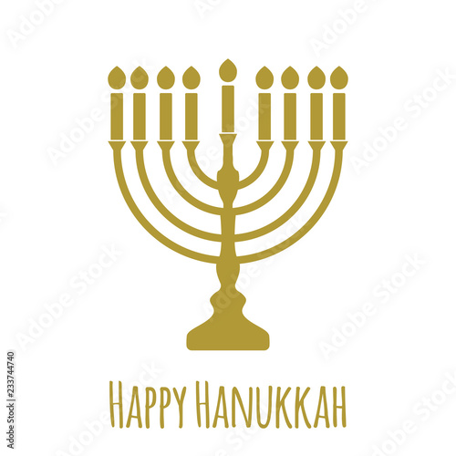 Traditional Menorah for Hebrew festival of lights - Happy Hanukkah, simple illustration in gold color