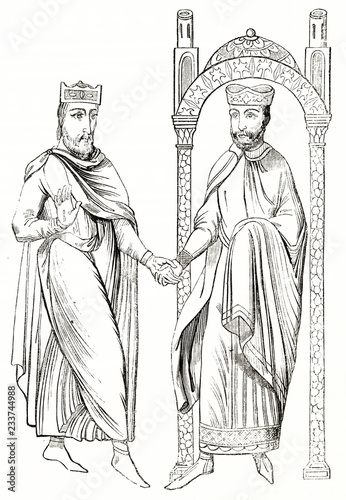 old engraved reproduction of a fantastic encounter between Constantine and Charlemagne shaking hands each other in Saint-Denis stained glass-window. Magasin Pittoresque Paris 1839