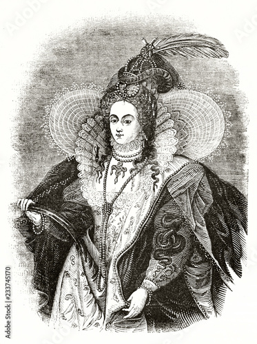 Old engraved reproduction of Elizabeth I of England portrait. After Zuccari, published on Magasin Pittoresque, Paris, 1839 photo