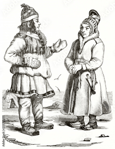 Old engraved illustration depicting two Norwegian Laplanders in their traditional costumes suitable for cold temperatures. Created by Wattier Andrew Best and Leloir, Magasin Pittoresque Paris 1839
