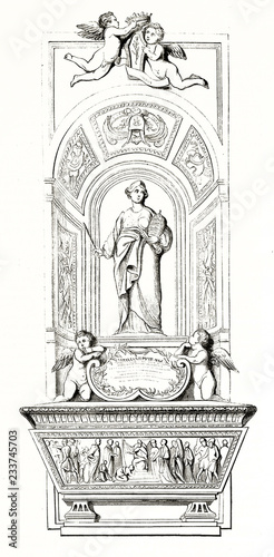 Old engraved front view reproduction of a majestic funeral monument, Matilda of Tuscany tomb in St's Peter Basilica Rome. By Demoraine Andrew Best and Leloir, Magasin Pittoresque Paris1839 photo