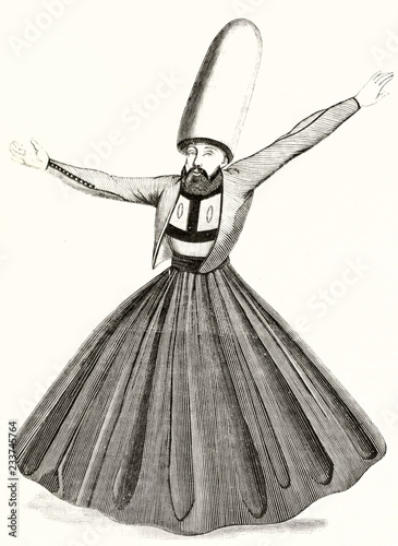 ancient Mevlevi Order man (initiate of the Sufi path) also known as Whirling Dervishes. Full body displayed with a strange costume with a long skirt. Magasin Pittoresque Paris 1839 photo
