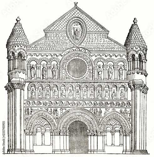 Ancient front view of Notre-Dame la Grande church facade Poitiers France. Isolated black and white rich decorated illustration by unidentified author published on Magasin Pittoresque Paris 1839