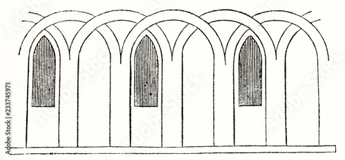 Old illustration showing ogive as the result of arches intersection. black and white architectonic module by unidentified author published on Magasin Pittoresque Paris 1839