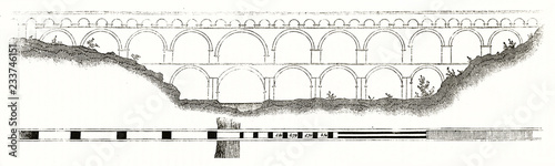 Fotografia, Obraz Old plan of the Pont du Gard Roman ancient aqueduct across the Gardon river southern France