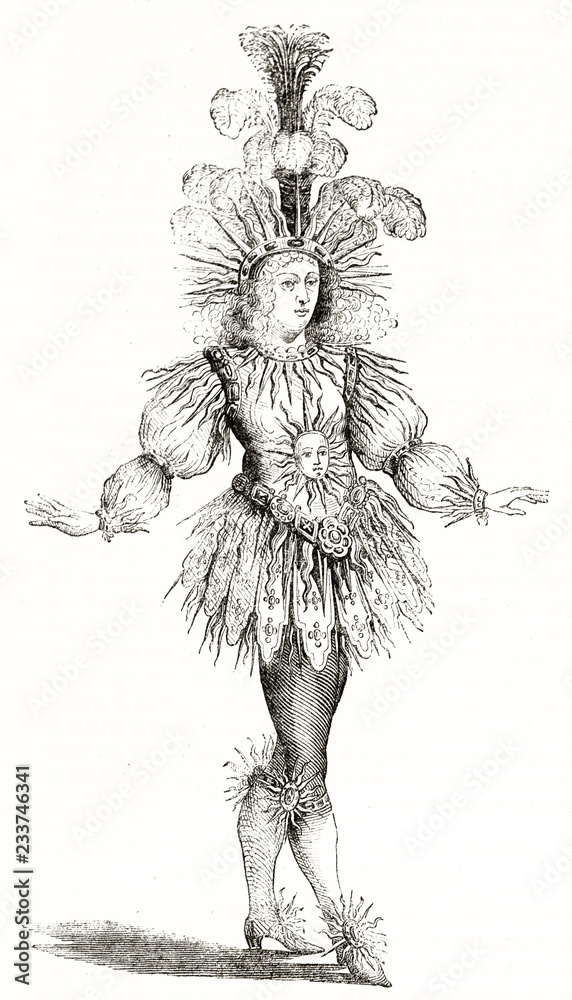 Old engraved full body portrait of King Louis XIV (1638 - 1715) wearing a  luxury sun costume,