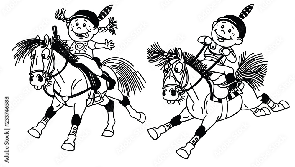 cartoon boy and girl riding pony horses in the gallop. Children horseback  summer riding camp or vacation. Funny equestrian sport . Black and white  outline vector illustration Stock Vector | Adobe Stock
