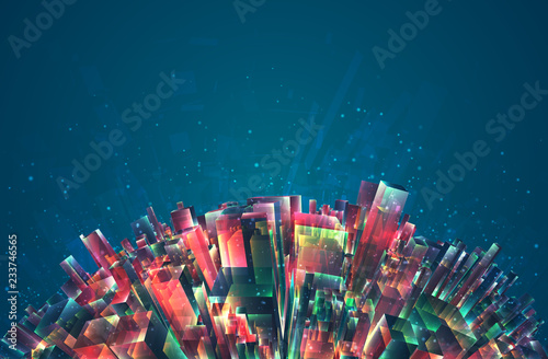 vector abstract 3d crystal. a view of the roofs of the city, a large chaotic set of glass pendants.