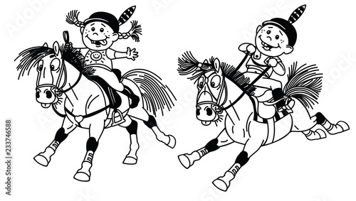 cartoon boy and girl riding pony horses in the gallop. Children horseback summer riding camp or vacation. Funny equestrian sport . Black and white outline vector illustration