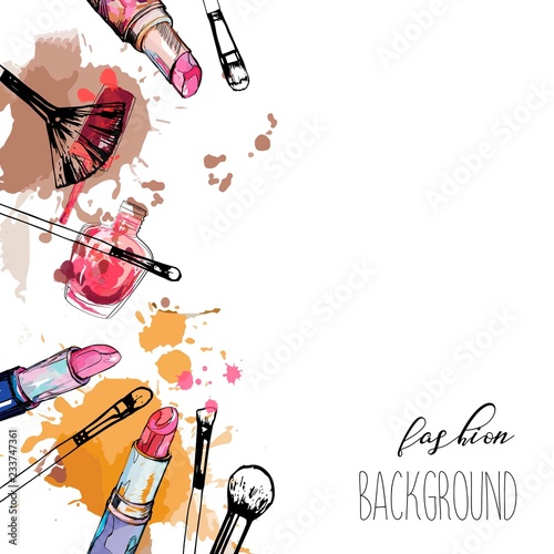 Cosmetics and fashion background with make up artist objects: lipstick, nail polish, brush. With place for your text.