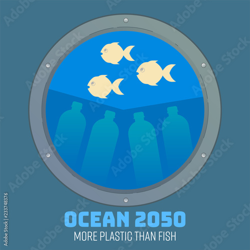 More than 1:1 Pie chart apply to a ship window as a gimmick to inform situation of ocean plastic pollution in 2050. More plastic than fish in the ocean concept. Vector illustration.