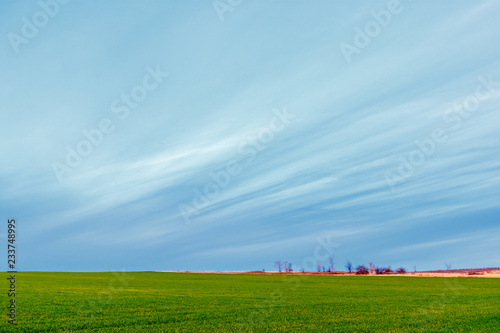 The beautiful twilight landscape with the blue ripple sky and the green field