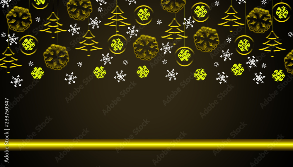 Brown christmas background with golden hanging ornaments and snowflakes