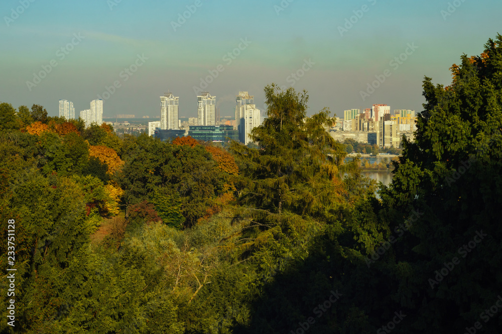 View of new residential areas from the Botanical Garden in autumn, Kiev,Ukraine