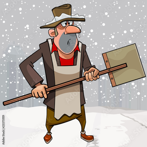 Cartoon funny surprised janitor stands with a shovel in the snowfall