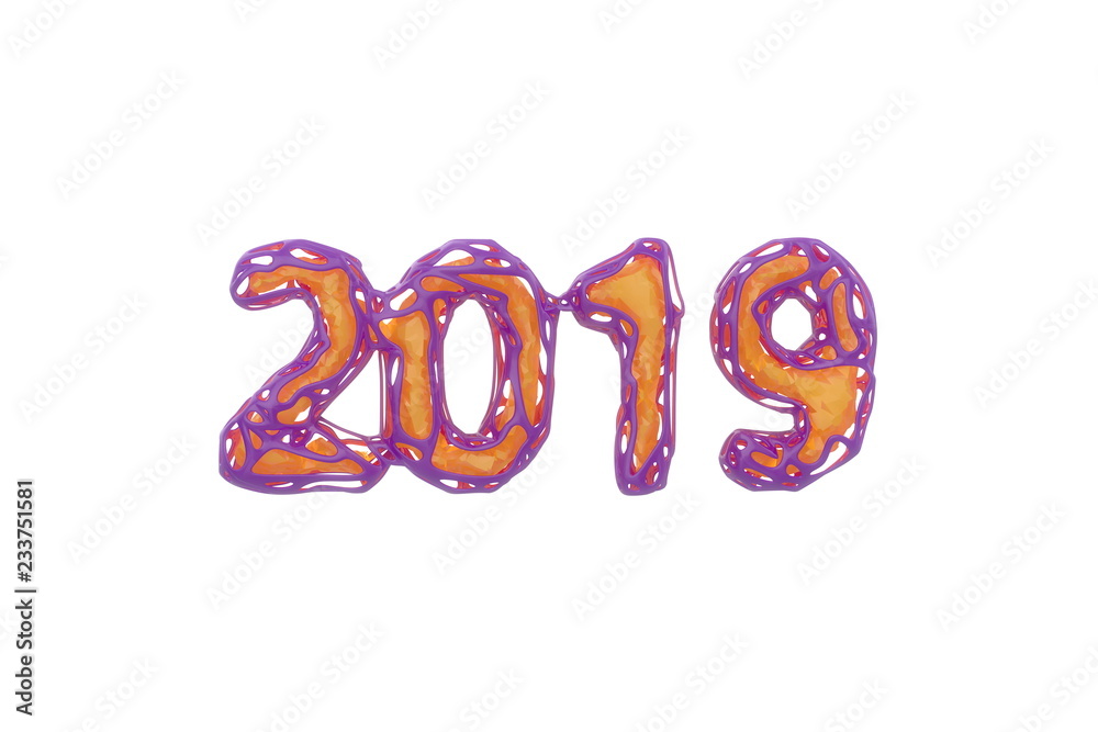 Happy New Year Banner with 2019 Numbers made by pink plastic wire and yellow core inside isolated on white Background with godrays light in fog, mist or smoke. abstract 3d illustration