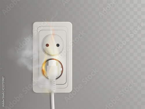 Short circuit in electrical outlet 3d realistic vector with flaming power plug in socket illustration isolated on transparent background. Overloaded electrical wiring, home fires common cause concept