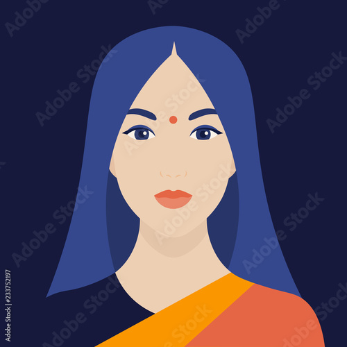 Indian woman in traditional dress. Portrait of a beautiful girl. Avatar. Face. Vector flat illustration.