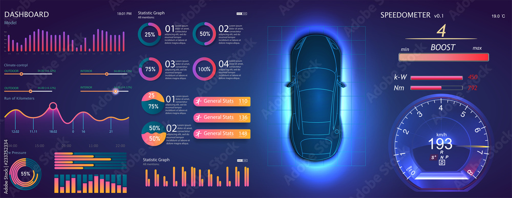 	 Futuristic user interface. HUD UI. Abstract virtual graphic touch user interface. Car service in the style of HUD. Virtual graphical interface Ui HUD Auto scann. Vector - obrazy, fototapety, plakaty 