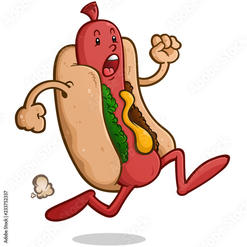 Fotografiet Frantic Hot Dog Cartoon Character Running Away from Danger in a Panic