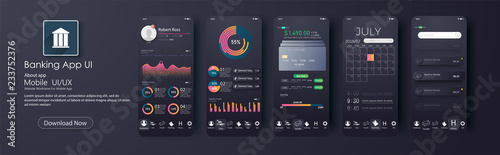 Design of the mobile app UI, UX. A set of GUI screens for mobile banking , home page, payment information, ratings and statistics, settings, payment screens and bank cards photo