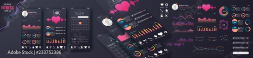 Different UI, UX, GUI screens fitness app and flat web icons for mobile apps, responsive website including. Web design and mobile template. Fitness Dashboard - stock vector