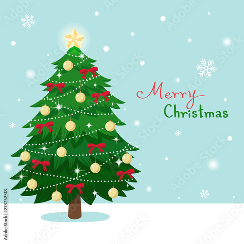 Christmas tree on snow falling background.Merry Christmas greeting card