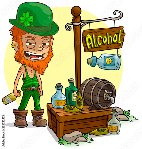 Cartoon leprechaun character and alcohol shop