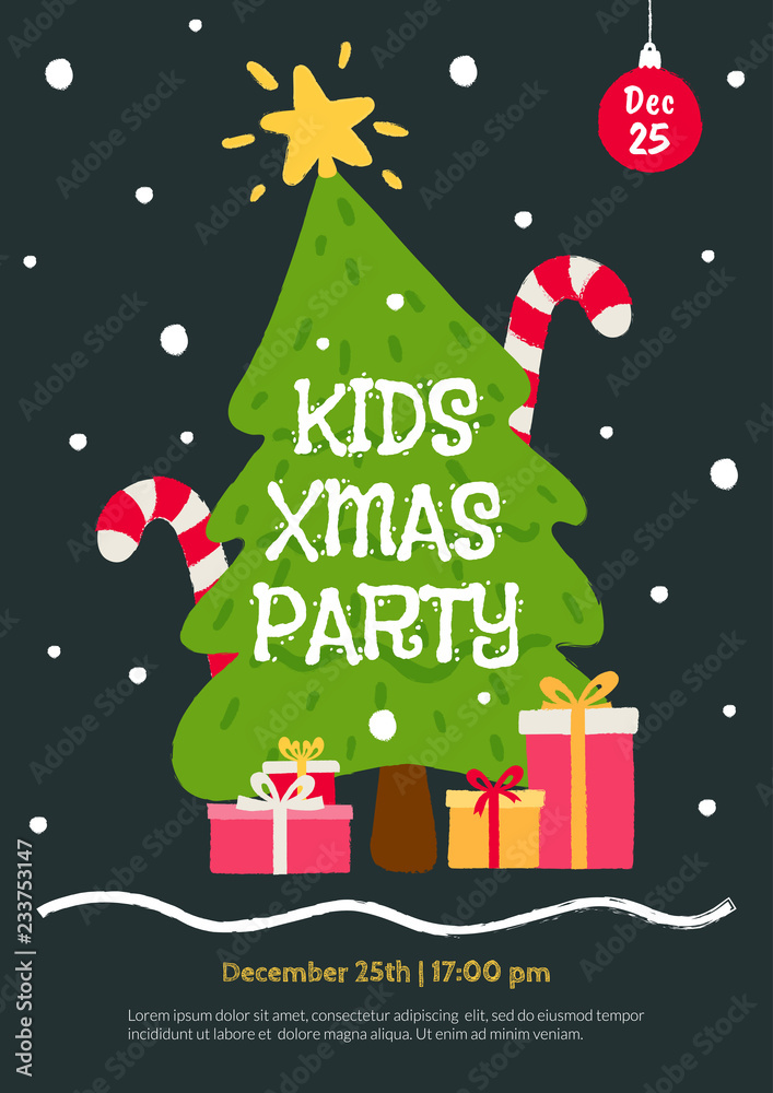 Kids Christmas Party invitation template. Flat cartoon illustration with christmas tree, gifts and falling snow. Flyer for children's event in hand drawn style. Winter holidays card design.