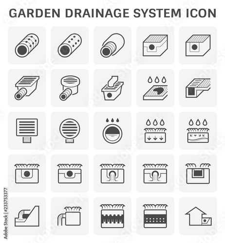 Garden drainage system or french drain vector icon consist of sewer pipe, infiltration basin, catch basin, gutter. To install at underground for rainwater, stormwater and wastewater to flow, runoff.