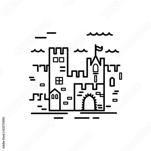 Castle logo design. Line style vector illustration. Travel concept. Kingdon symbol. Vector label for compan