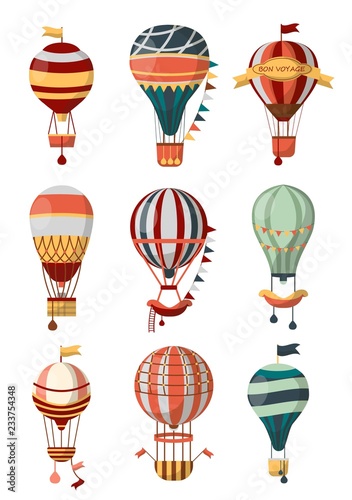 Hot air balloon retro icons with pattern, gondola and flags for Bon Voyage or open air balloon festival.
