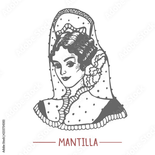 Girl in Mantilla and with Peineta in Hand Drawn Style photo