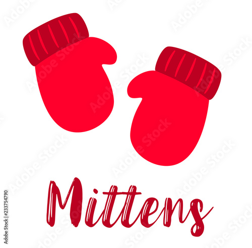 Winter red mittens - flat vector icon on isolated background. Winter warm clothing for long walks. Beautiful idea for a winter greeting card.