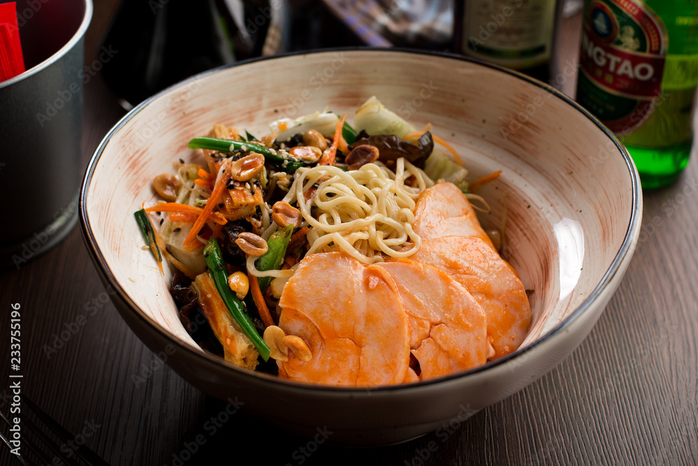 Chinese food: chicken with noodles and peanuts Chinese food: chicken with noodles and peanuts