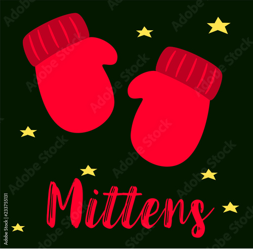 Winter red mittens on a green background. Beautiful flat vector icon - an idea for a Christmas card. Silhouette of mittens and stars