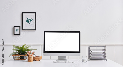 Wallpaper Mural Desktop screen business life white desk folder and frame on the wall. interior decoration. Torontodigital.ca