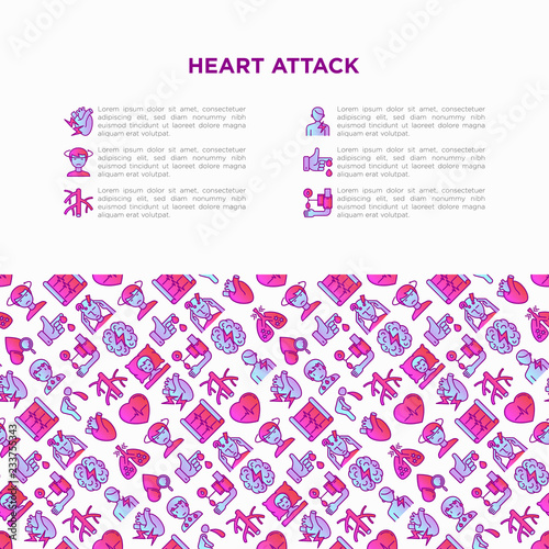 Heart attack symptoms concept wiht thin line icons: dizziness, dyspnea, cardiogram, panic attack, weakness, acute pain, cholesterol level, nausea, diabetes. Vector illustration, print media template.