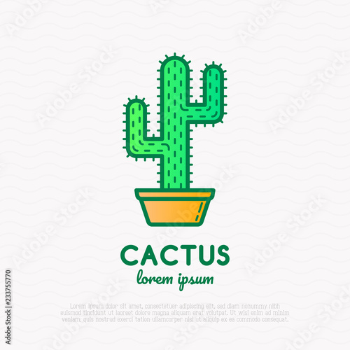 Cactus with prickles in pot thin line icon. Modern vector illustration of home plant.