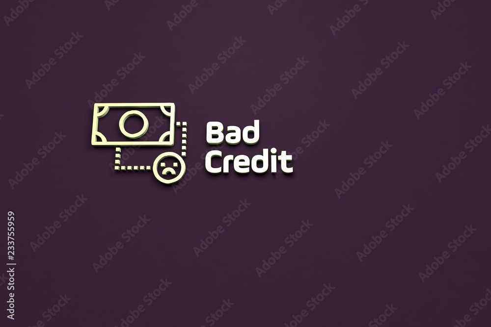 Text Bad Credit with light-green 3D illustration and violet background Text Bad Credit with light-green 3D illustration and violet background