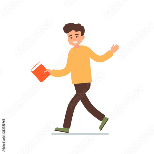 Happy young man goes with a book in his hands anywhere and invites to go together. Vector character for an educational project
